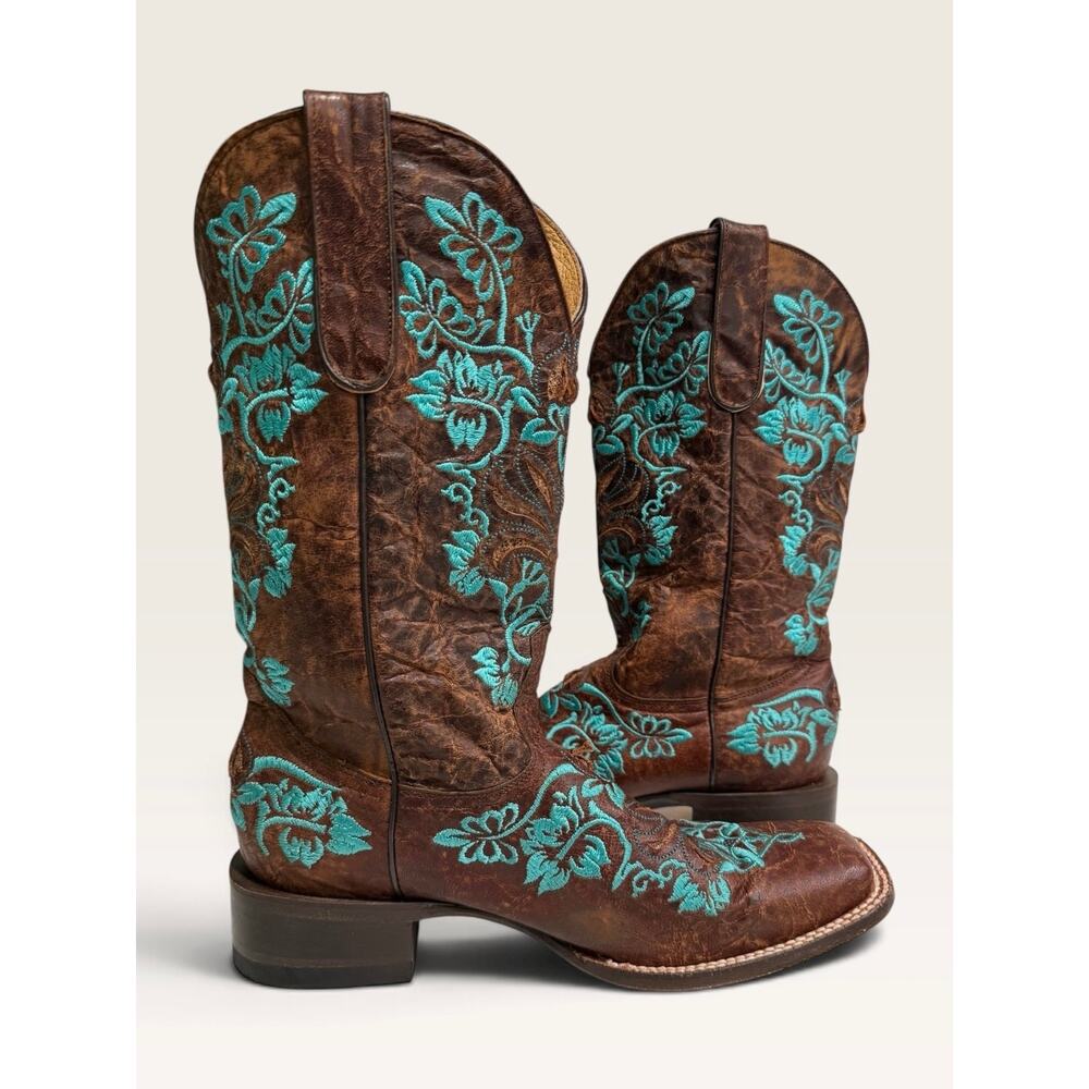 Cavender’s Women’s Brown Leather Turquoise Floral Embroidered Cowboy Boots 8M - Picture 7 of 12